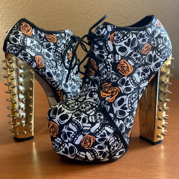 REDKISS  Mona Skulls & Roses Chunky Spike High Heel Platform - Picture 1 of 12